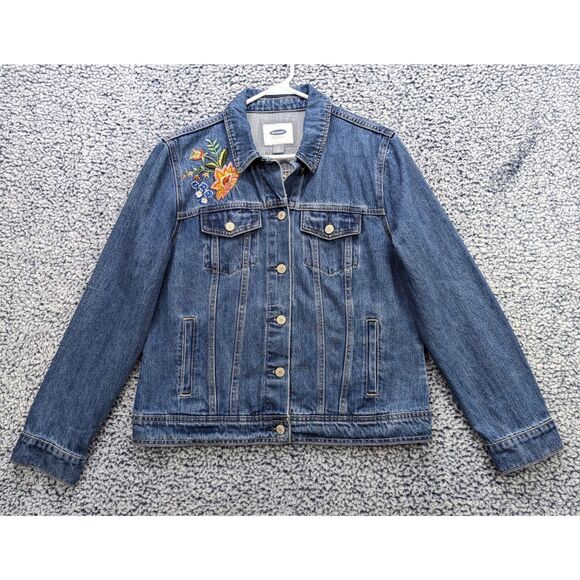 Old Navy Floral Embroidered Denim Jacket Size XL Button Up Trucker Jean Bohemian - Picture 2 of 14